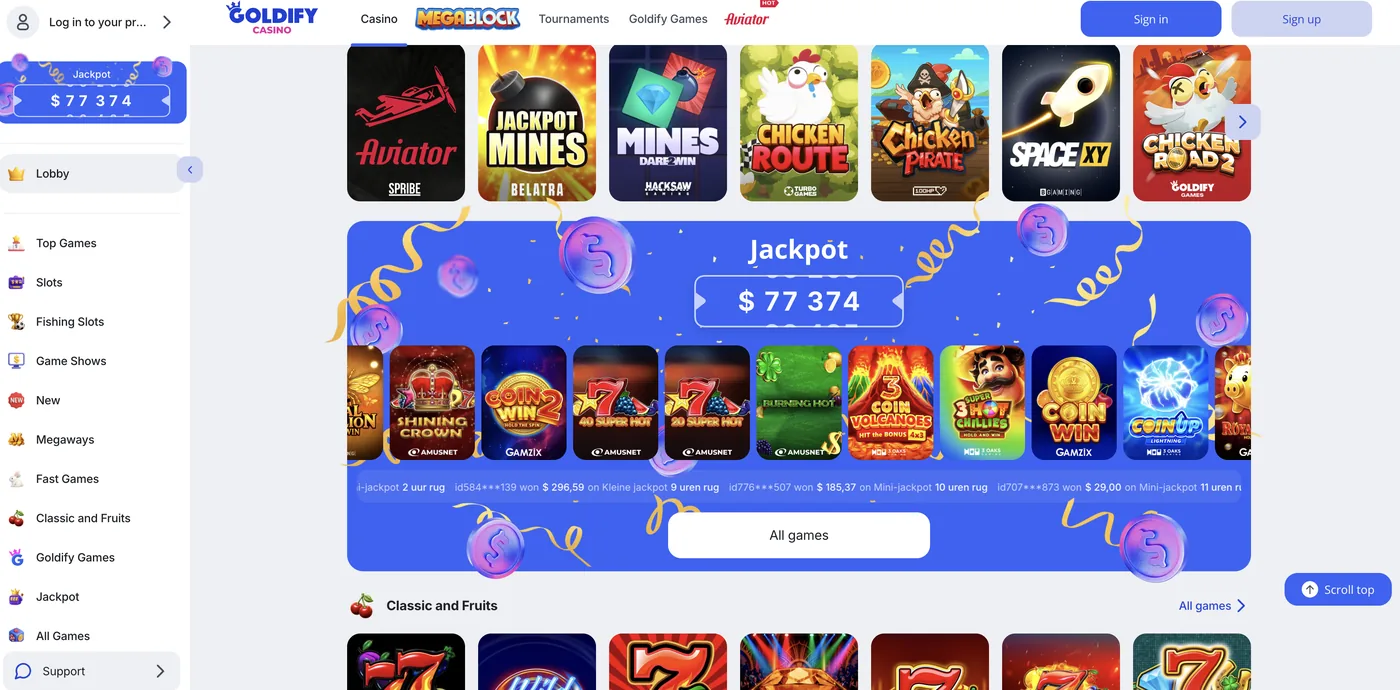 Goldify Casino fast games row with Aviator, Mines and Space XY above the jackpot section